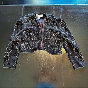 Vintage Large Liz Elena Black Size 12 Blazer Floral Pearl Embroidered Embroidery